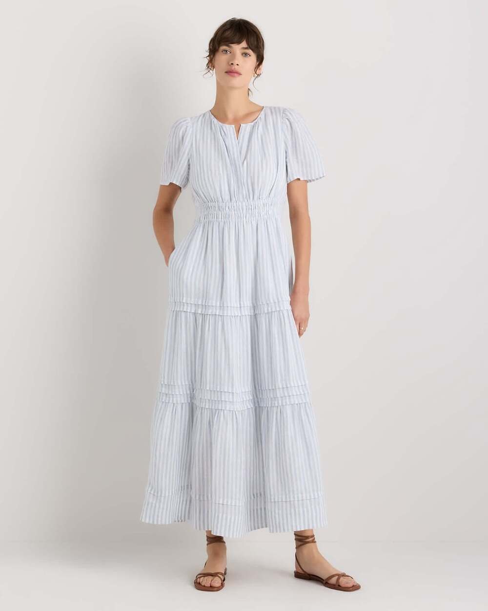 QUINCE Blue Mariner Stripe 100% European Linen Tiered A-Line Maxi Dress, Size L